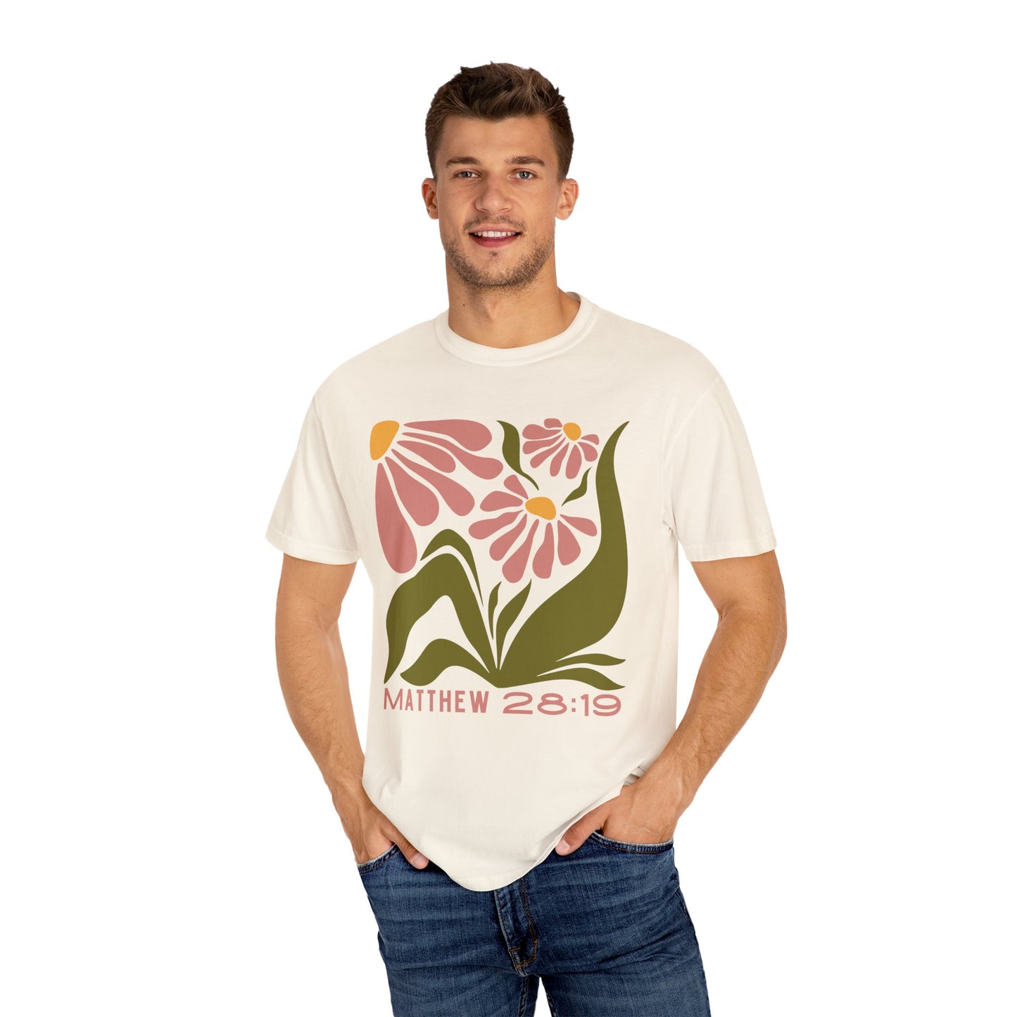 "Matthew 28:19" Flower T-shirt | Unisex Garment-Dyed