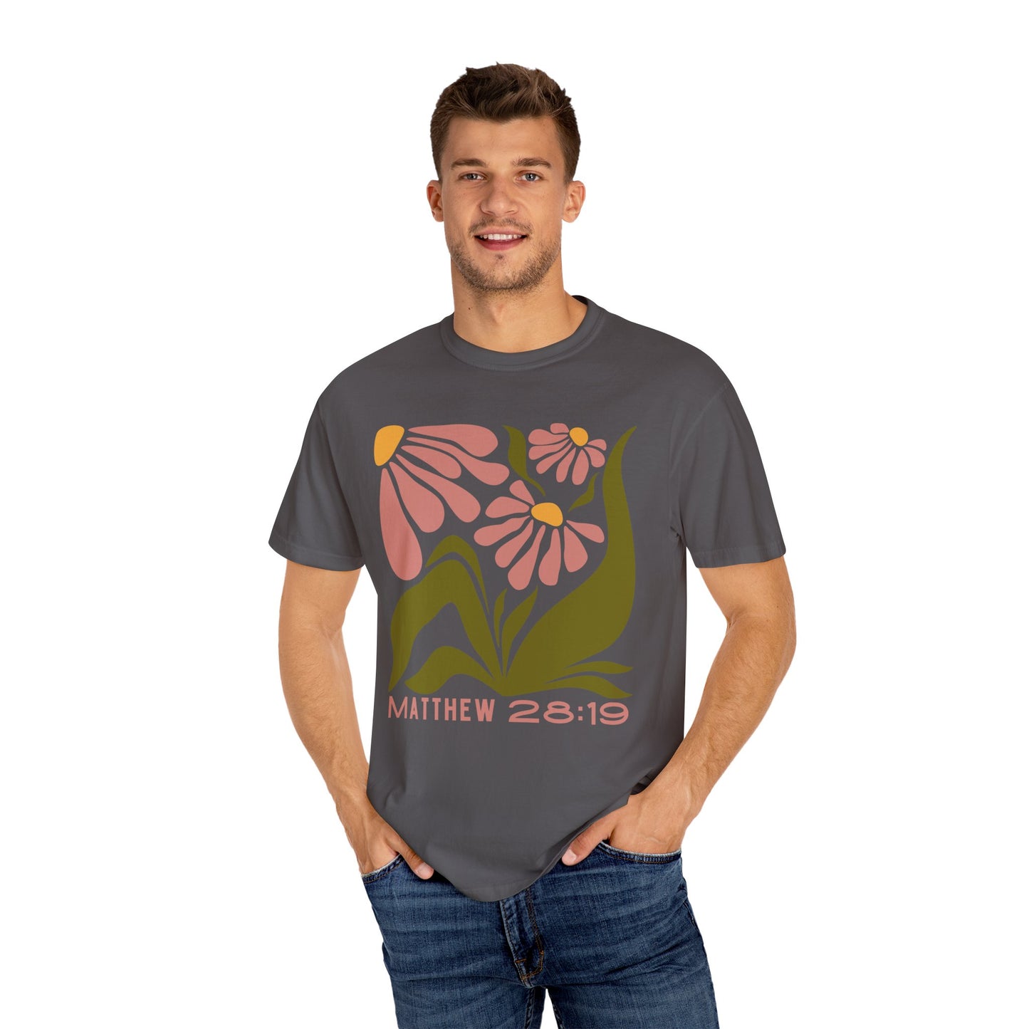 "Matthew 28:19" Flower T-shirt | Unisex Garment-Dyed