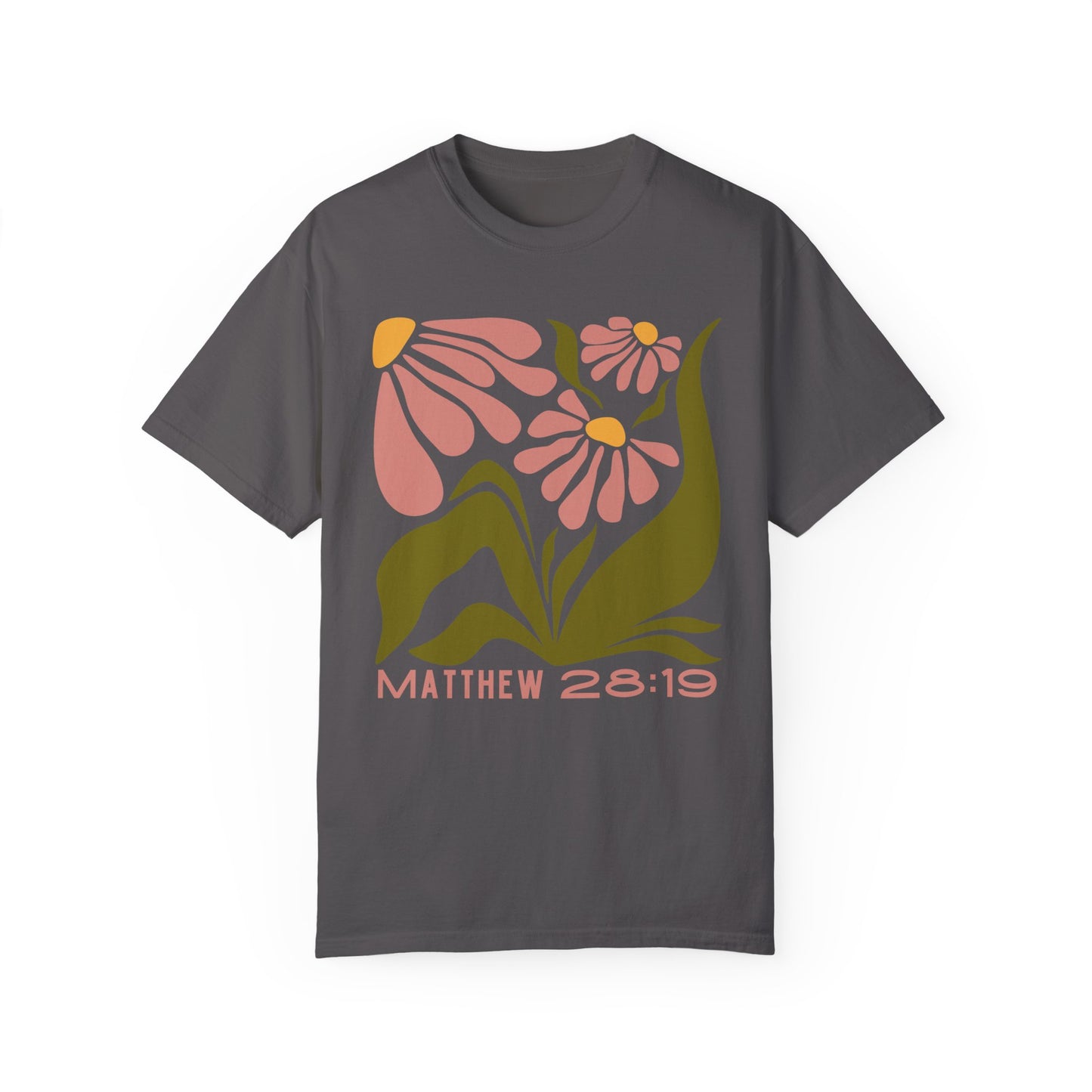 "Matthew 28:19" Flower T-shirt | Unisex Garment-Dyed