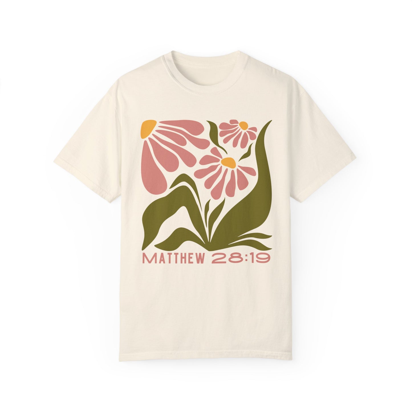 "Matthew 28:19" Flower T-shirt | Unisex Garment-Dyed