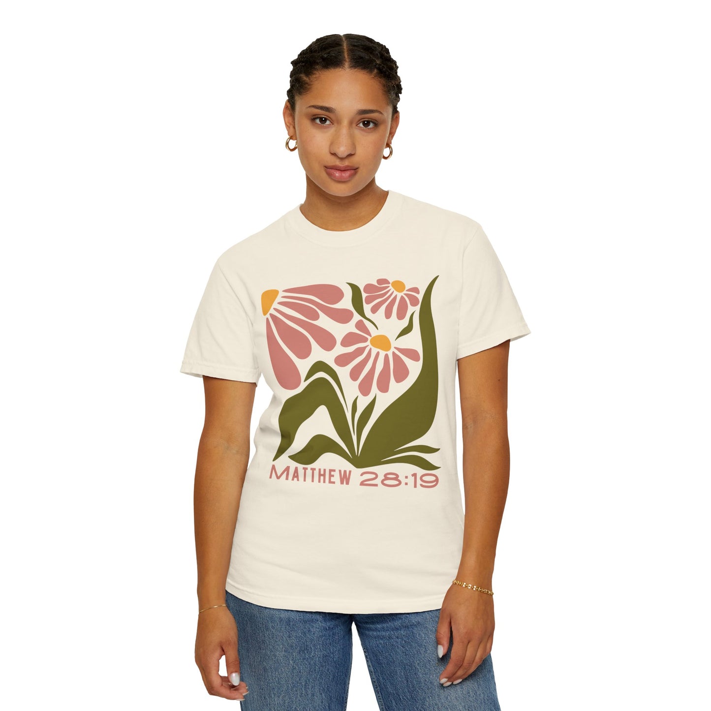 "Matthew 28:19" Flower T-shirt | Unisex Garment-Dyed