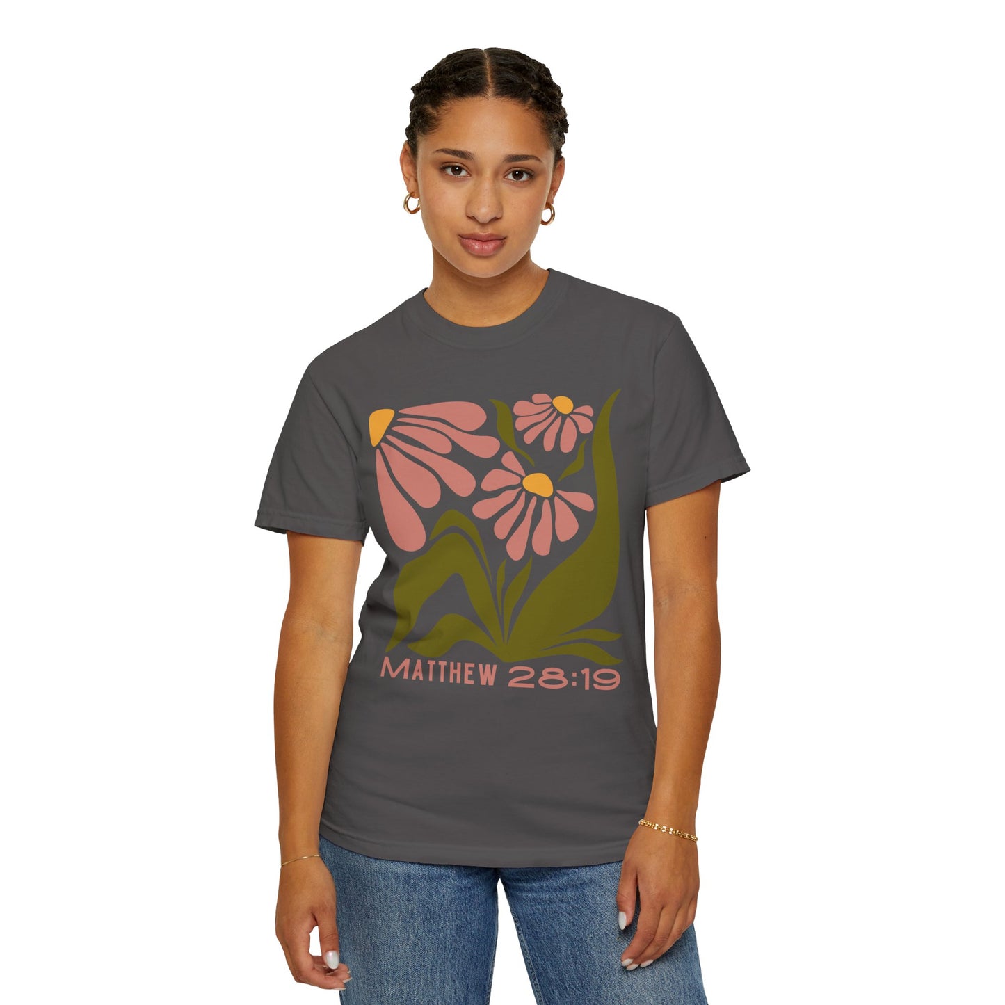 "Matthew 28:19" Flower T-shirt | Unisex Garment-Dyed