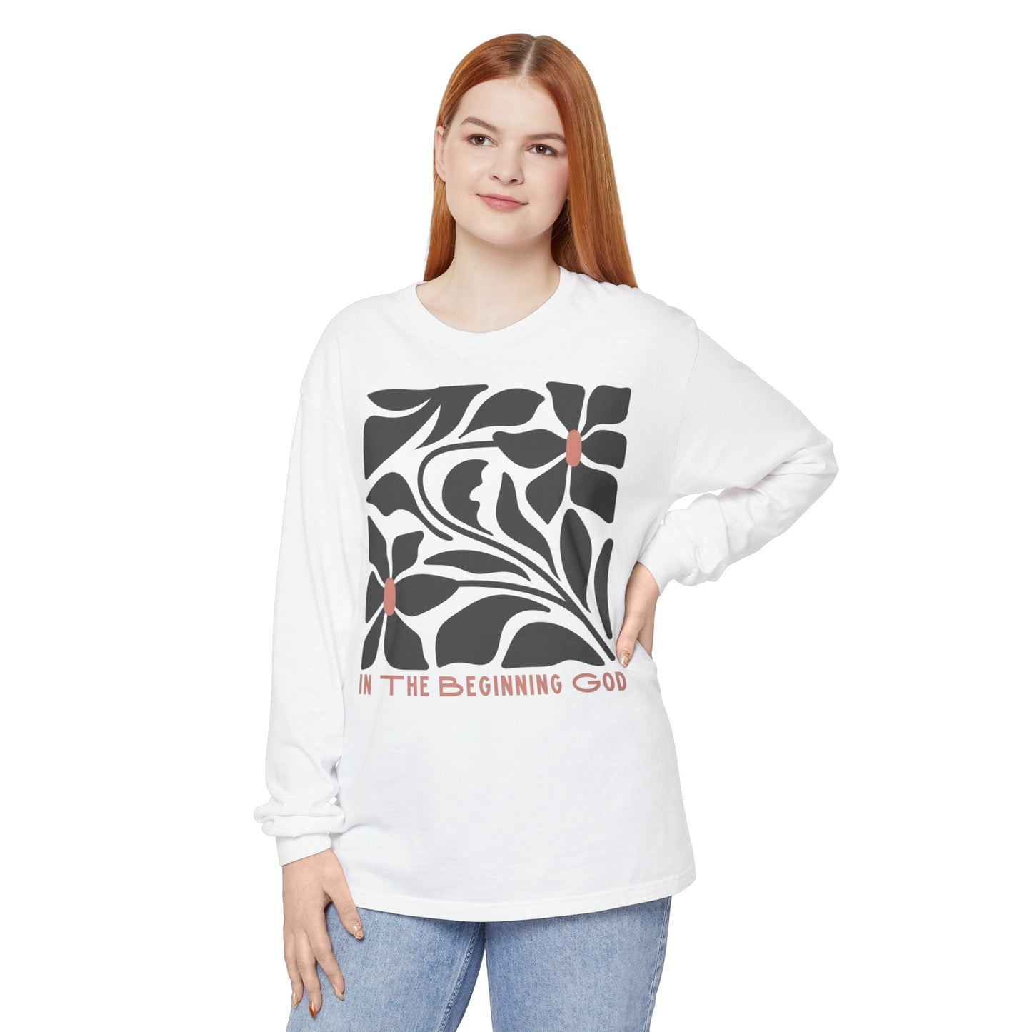 "In The Beginning God" Flower Long Sleeve T-Shirt | Unisex Garment-dyed