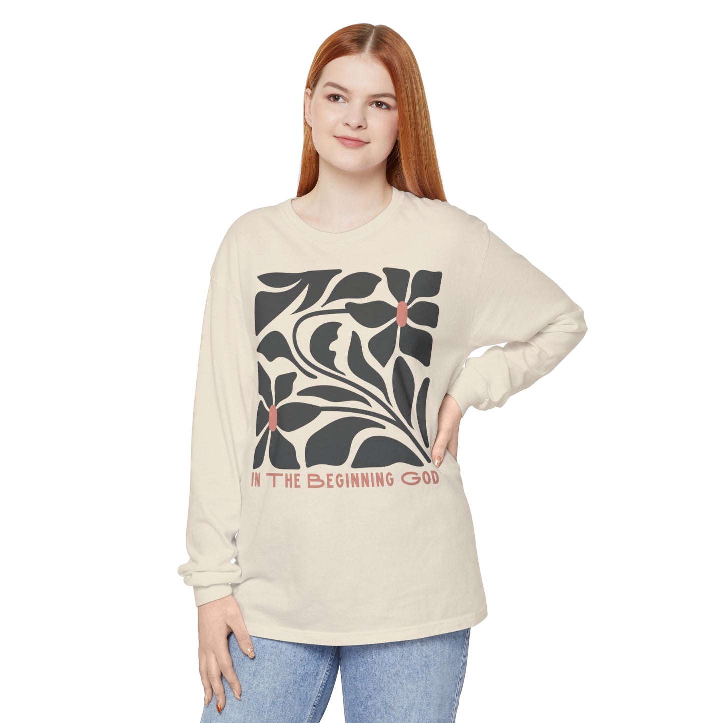 "In The Beginning God" Flower Long Sleeve T-Shirt | Unisex Garment-dyed