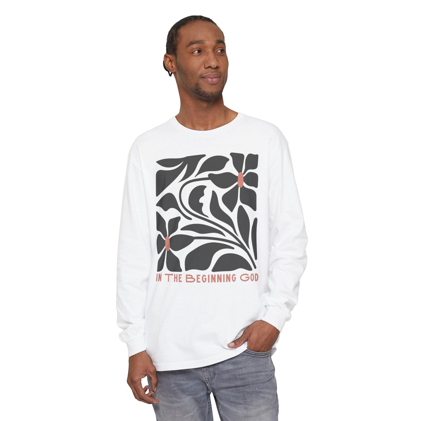 "In The Beginning God" Flower Long Sleeve T-Shirt | Unisex Garment-dyed