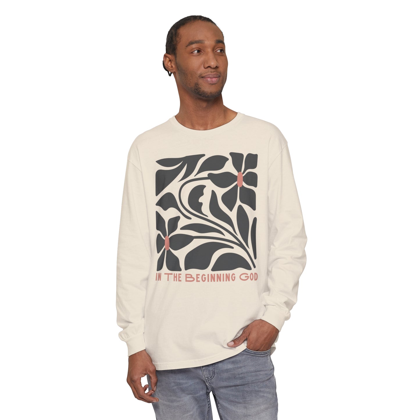 "In The Beginning God" Flower Long Sleeve T-Shirt | Unisex Garment-dyed